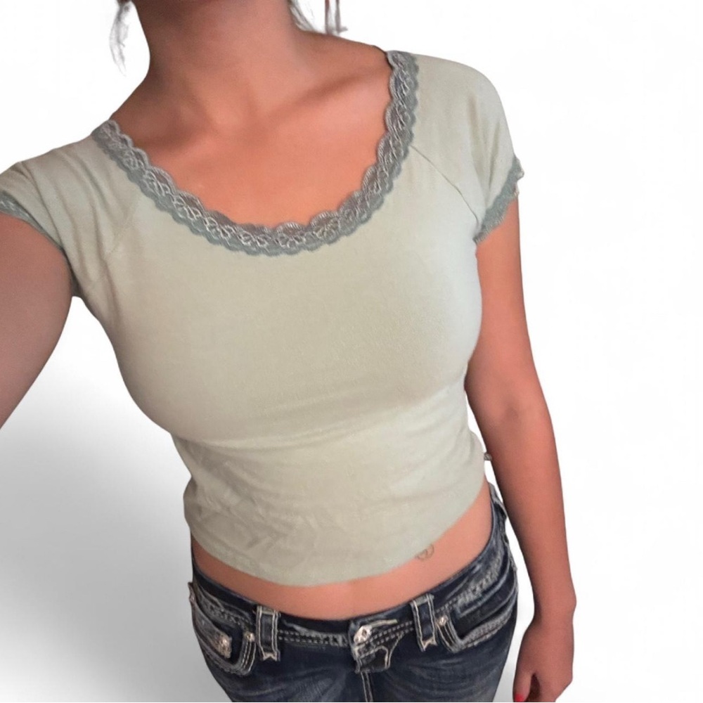 Pastel Green Women's Lace Trim Top